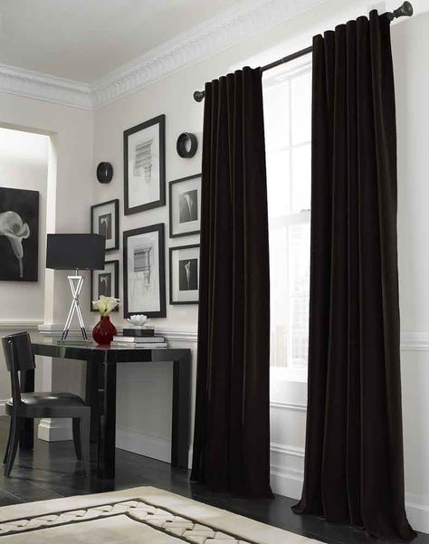 black velvet curtains Black Curtains Bedroom, Traditional Curtains, Window Curtains Bedroom, Black And White Living Room, Dining Room Curtains, Home Office Table, Dekorasi Kamar Tidur, Grey Curtains, Curtains Living