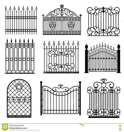 Decorative Black Silhouettes Of Fences With Gates Vector Set - Download From Over 61 Million High Quality Stock Photos, Images, Vectors. Sign up for FREE today. Image: 78720823 Wrought Iron Gate Designs, Lattice Structure, Gate Decoration, Sketch Note, Steel Gate Design, Iron Gate Design, Wrought Iron Gate, Metal Gates, Wrought Iron Fences