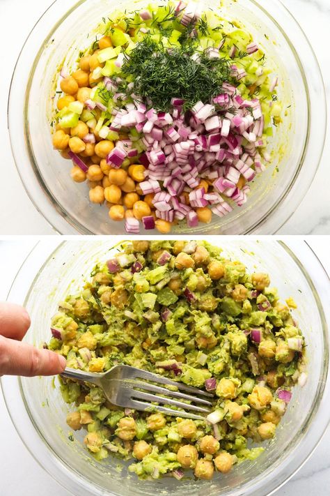 This is the best Chickpea Salad Sandwich! It reminds me of egg salad, but it's made with simple vegan ingredients, like chickpeas and avocado, and takes only 10 minutes to stir together. Chickpea Egg Salad, Best Chickpea Salad, Chickpea Avocado, Chickpea Sandwich, Chicken Chickpea, Chickpea Salad Sandwich, Easy Vegan Lunch, Avocado Sandwich, Avocado Egg Salad