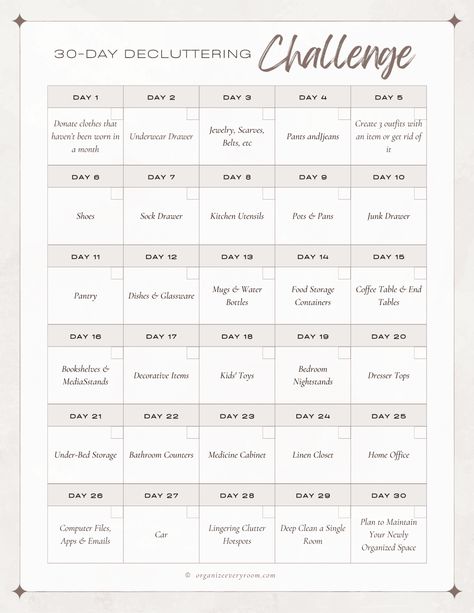 The 30-Day Declutter Challenge: From Overwhelmed to Organized  - Organize Every Room Declutter Challenge Printable, 30 Day Declutter Challenge, Bookshelves Bedroom, Minimalism Challenge, Declutter Challenge, January 2025, Sock Drawer, Minimalist Wardrobe, Junk Drawer