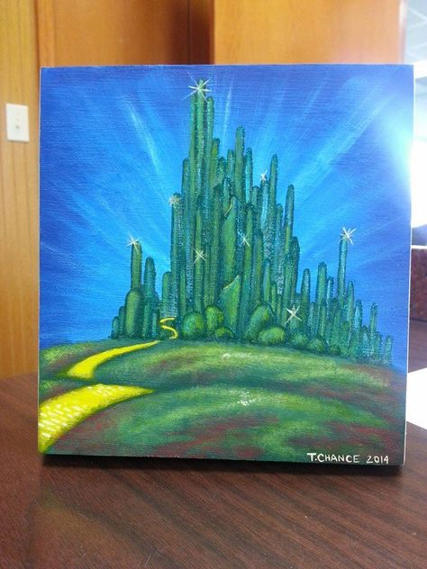 "The Emerald City of Oz" Acrylic Painting on Wood Box The Wizard Of Oz Painting, Wizard Of Oz Art Paintings, Wizard Of Oz Canvas Painting, Wizard Of Oz Mural, Wizard Of Oz Emerald City Decorations, Emerald City Painting, Acrylic Paint On Wood, Golf Theme, Camping Art