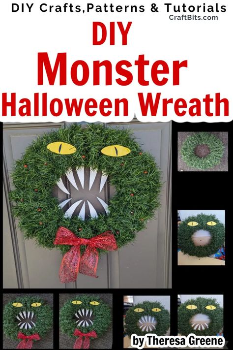 Dollar Tree Halloween Monster Wreath — CraftBits.com Halloween Craft Ideas, Boxwood Garland, Monster Wreath, Diy Monsters, Dollar Tree Halloween, Last Minute Halloween, Easy Wreaths, Halloween Tutorial, Cross Wreath