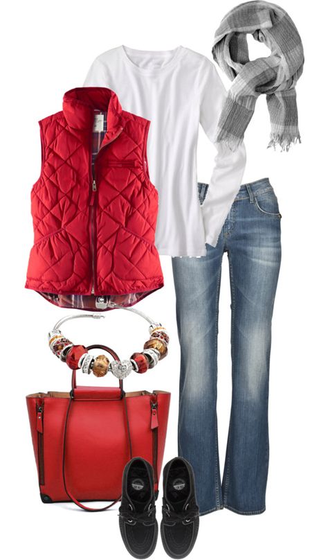 "Denim & Red" by simple-wardrobe on Polyvore Mode Tips, Red Vest, Stitch Fix Outfits, Mode Casual, 가을 패션, Fashion Mode, Fall Winter Outfits, Look Fashion, Autumn Winter Fashion