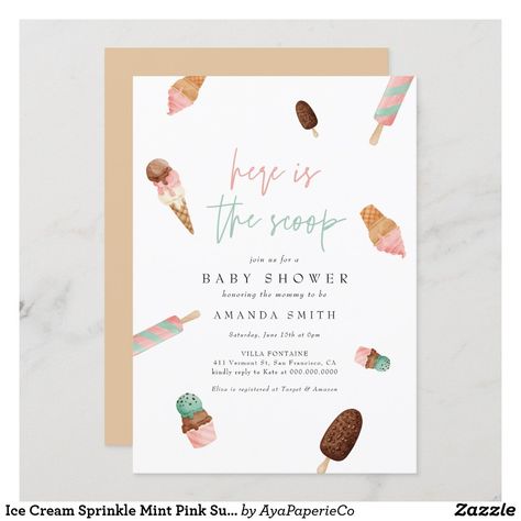 Baby Shower Summer Theme, Baby Shower Invitation Message, Summer Baby Shower Themes, Summer Baby Shower Invitations, Girl Shower Themes, Ice Cream Sprinkles, Here's The Scoop, Ice Cream Theme, Sprinkle Baby Shower