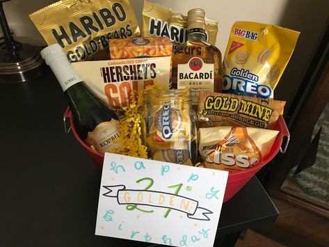 Gold Color Party Food, Color Party Basket Ideas Gold, Gold Color Party Basket, Golden Birthday Gift Basket, Golden Gift Basket Ideas, Golden Birthday Gift Ideas For Him, 27th Golden Birthday Ideas, Golden Birthday Basket, Golden Birthday Card Ideas