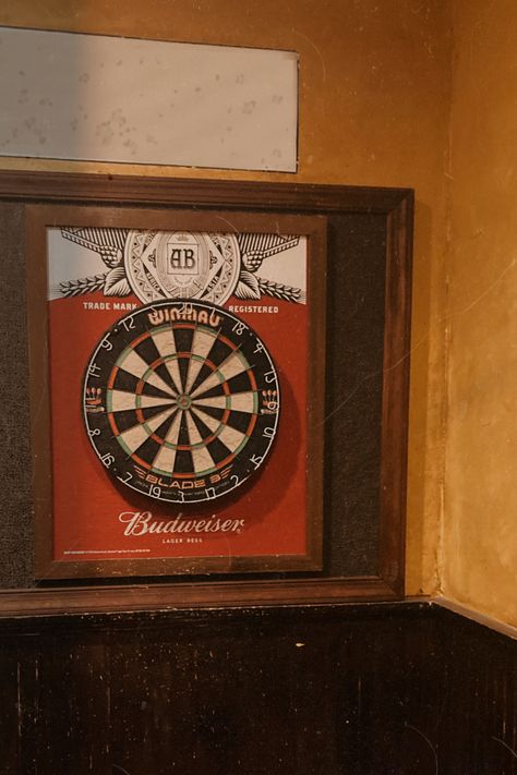 Pub Dart Board, Vintage Dart Board, Aesthetic Dart Board, Vintage Games Room, Mancave Aesthetic, Old Pub Aesthetic, British Pub Aesthetic, Vintage Bar Aesthetic, Darts Aesthetic