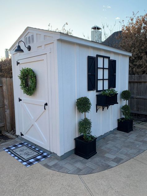 You Can Turn Your Shed Into a Beautiful Farmhouse She Shed - Roxy Home Living Rubbermaid She Shed, Cute Storage Shed, White Shed Black Trim, Small She Shed, Farmhouse She Shed, Brown Shed, Shed Paint Colours, Small Outdoor Shed, Shed Exterior Ideas