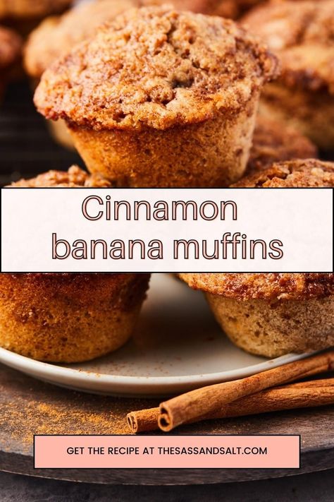 baked cinnamon banana muffins on a white plate. Cinnamon Banana Muffins, Cinnamon Muffins Easy, Banana Cinnamon Muffins, Muffin Recipes Cinnamon, Healthier Breakfast, Buttermilk Muffins, Cinnamon Banana Bread, Banana Buttermilk, Cinnamon Crumble