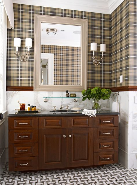 Lodge Aesthetic, Classic Bathroom Design, Bathroom Color Schemes, Plaid Wallpaper, Iconic Wallpaper, Classic Bathroom, Bathroom Color, Boys Bathroom, Stylish Bathroom