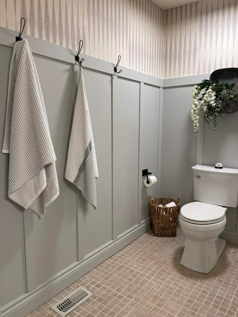 Tile And Board And Batten Bathroom, Gray Board And Batten Bathroom, Wayne’s Coating Wall, Wall Moulding Ideas Bathroom, Wall Trim In Bathroom, Bathroom Waynes Coating Ideas Modern, Bathroom Wainscotting With Hooks, Bathroom Wall Wood Paneling, Blue Board And Batten Bathroom