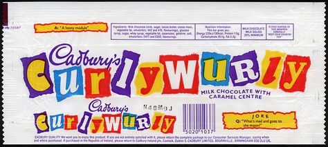 UK - Cadbury's - CurlyWurly - Curly Wurly - chocolate candy bar wrapper - 1989 by JasonLiebig, via Flickr Snack Branding, 90s Snacks, British Snacks, Fruit Pastilles, Uk Sweets, 90s Food, British Chocolate, Curly Wurly, Snack Brands