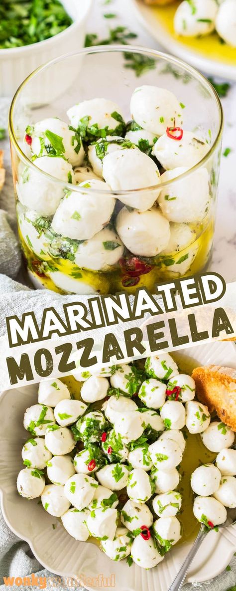 These MARINATED MOZZARELLA BALLS are a simple appetizer and great for charcuterie boards. Mozzarella balls in olive oil with garlic, basil, parsley and oregano. Recipes Using Marinated Mozzarella Balls, Marinated Mozzarella Balls, Vegetarian Appetizers Easy, Marinated Mozzarella, Dip Recipes Appetizers, Breakfast Sides Dishes, Simple Appetizer, Mozzarella Balls, Elegant Appetizers