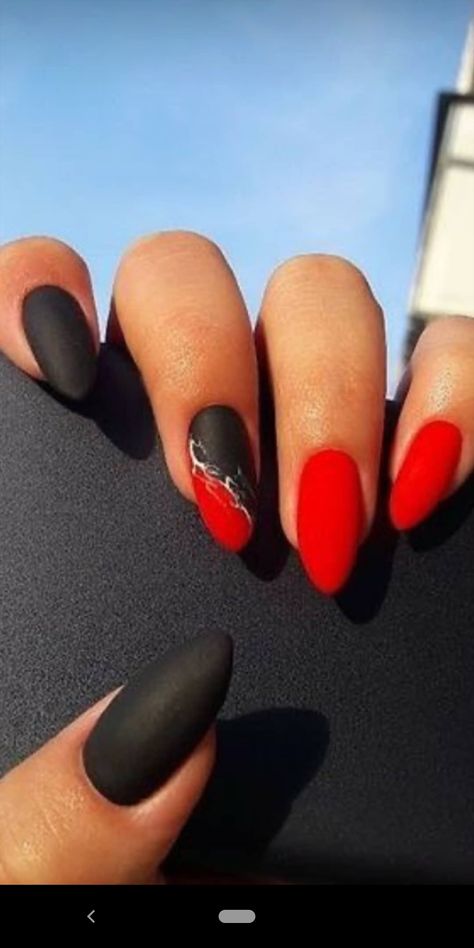 Black And Red Nails Matte, Red Black Almond Nails, Almond Nails Designs Red And Black, Red Black Gel Nails, Ruby Red Nails Acrylic, Almond Nails Red And Black, Black And Red Matte Nails, Red And Black Matte Nails, Nails Inspiration Red And Black