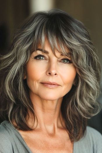 Save this pin for the best medium-length haircuts for women over 60 with bangs. Highlighted layers that catch the light just so, adding brightness and depth to naturally gray hair. This mid-length cut feels luxurious yet soft, with highlights that elevate silver strands to a whole new level. Medium Length Hair With Layers Gray, Mid Length Hair With Layers Wavy Curly, Grey Hair With Bangs Over 50, Medium Length Hair With Glasses, Medium Length Feathered Hairstyles, Medium Length Grey Hair With Bangs, Medium Layered Haircuts For Thick Hair Mid Length With Bangs, Mid Length Layered Haircuts With Bangs, Medium Gray Hairstyles