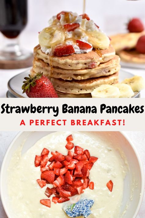 Full of fresh strawberries and ripe bananas, these Strawberry Banana Pancakes are a must make to change up your breakfast pancake routine! These fluffy pancakes will quickly become your new favorite recipe! Banana Pancakes For Baby, Strawberry Pancakes Recipe, Strawberry Banana Pancakes, Banana Oatmeal Bars, Kids Pancakes, Family Friendly Breakfast, Yummy Pancake Recipe, Dairy Free Pancakes, Fresh Strawberry Recipes