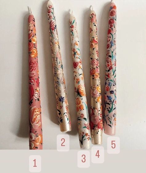 flower pattern Set of 2 taper candle. size 26*2.2 cm Painted Taper Candles, Botanical Candles, Decorated Candles, Candle Flower, Candle Vintage, Fairy Bedroom, Candle Drawing, Grandma Chic, Candle Pattern