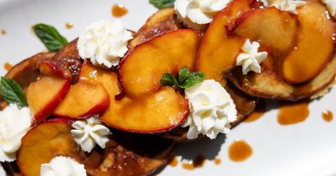 Here’s your perfect end-of-summer brunch dish Peach Syrup, Summer Brunch, Pancakes Ingredients, Salted Caramel Sauce, Brunch Dishes, Caramel Syrup, Buttermilk Pancakes, Pancake Batter, Pancake Recipe