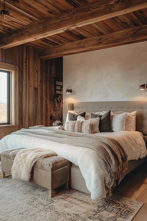 "Transform your sleep space with a Modern Rustic Bedroom! 🛏️✨ Ideal for adding warmth, character, and a touch of nature. 🌿✨ #ModernRustic #BedroomInspo #HomeStyling" Old House With Modern Interior, Montana Bedroom Ideas, Cabin Rooms Bedrooms, Mountain Home Bedroom Ideas, Cabin Master Bedrooms Cozy, Barn House Bedroom, Rustic Interior Design Bedroom, Mountain Modern Bedroom, Mountain Bedrooms