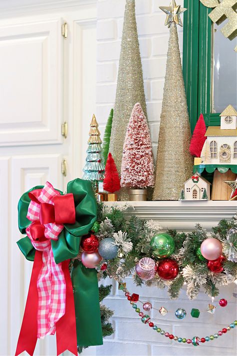 2023 CHRISTMAS HOME TOUR || CHRISTMAS TREE AND LIVING ROOM | Dimples and Tangles Pink Blue Red Christmas Tree, Pink Red Green Christmas Decor, Kitch Christmas Aesthetic, Christmas Mantels Decorations, Colorful Christmas Mantle, Christmas Decor Ideas Boho, Vintage Colorful Christmas, Pink And Red Christmas Tree, Pink And Red Christmas Decor