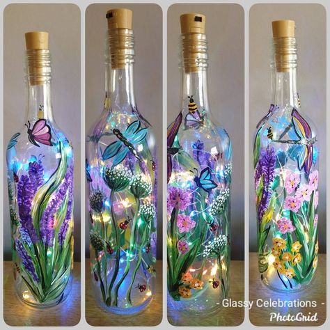 Reference Landscape, Decorate Bottles, Christmas Bottles, Vase Making, Butterfly Beautiful, Painted Glass Bottles, Hand Painted Wine Bottles, Painted Bottles, Butterfly Dragonfly