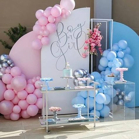 Blue And Silver Balloons, Gender Reveal Backdrop, Event Decor Ideas, Chiara Backdrop, Party Decorations Table, Baby Shower Girl Diy, Gender Reveal Baby Shower Themes, Dessert Stands, Baby Gender Reveal Party Decorations