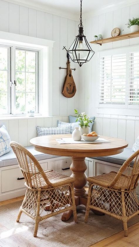 Create a bright and cheerful kitchen nook with a round table, colorful pendant light, and mismatched chairs that invite playful dining moments ☀️🍽️. Round Dining Table Mismatched Chairs, Small Boho Kitchen Table, Circle Table Kitchen, Small Boho Kitchen, Kitchen Nook Ideas, Boho Kitchen Table, Kitchen Table Round, Cheerful Kitchen, Cozy Kitchen Nook