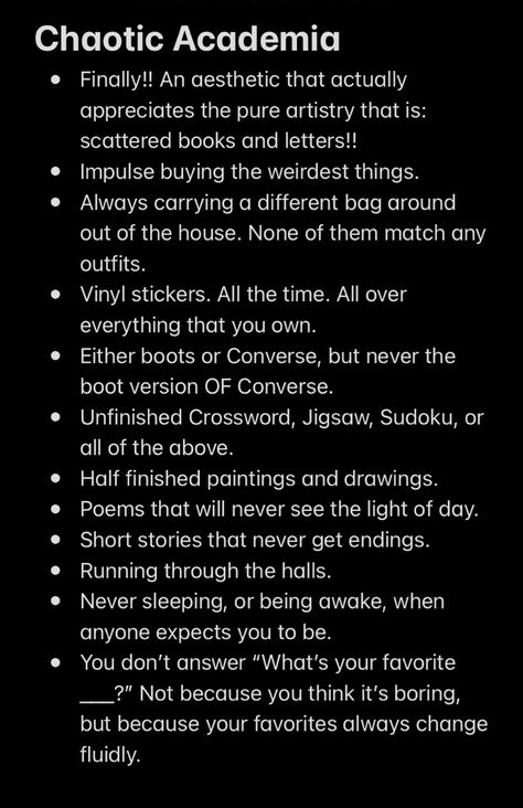 Chaotic Academia House, Punk Aesthetics List, Chaotic Academia Guide, Chaotic Notes Aesthetic, How To Be Chaotic Academia, Chaotic Adacemia Aesthetic, Chaotic Genius Aesthetic, Chaotic Academia Activities, Dark Academia To Do List