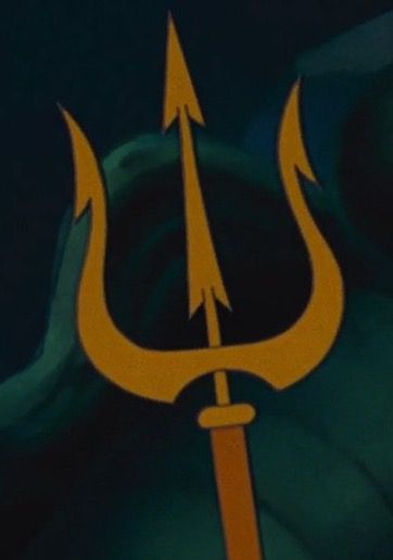 The Trident is a magical weapon that is featured in The Little Mermaid franchise. It serves as the personal weapon of King Triton. It has vast magical abilities capable of controlling the sea and its foils, and thus has been strongly desired by malevolent forces, most notably Ursula. The trident is shown to have various applications, depending on the will of the user. When its power is activated, it illuminates with a bright, shining golden or blue glow (green in Morgana's case) and is heard... Mermaid Symbol, Movie Symbols, Ursula Cosplay, Aquaman Cosplay, Trident Tattoo, King Triton, Magical Abilities, Beast's Castle, Ariel Cosplay