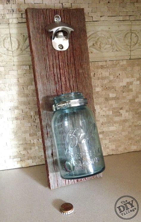 Barnwood Mason Jar Bottle Opener - The DIY Village Bottle Opener Diy, Mason Jar Diy Projects, Diy Hanging Shelves, Mason Jar Projects, Vintage Mason Jars, Barn Wood Crafts, Barn Wood Projects, Emerald Rings, Jar Opener