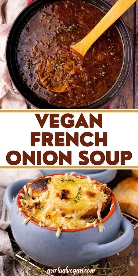 Let's make Vegan French Onion Soup! It's bold, rich, and packed with caramelized onion flavor. Delicious on its own but you really NEED a stack of toasty baguette and melty cheese on top to seal the deal! Vegan French Onion Soup, Red Wine Recipe, Classic French Onion Soup, Vegan French, Vegan Worcestershire Sauce, French Onion Soup Recipe, Onion Soup Recipes, Vegan Soup Recipes, Savory Vegan