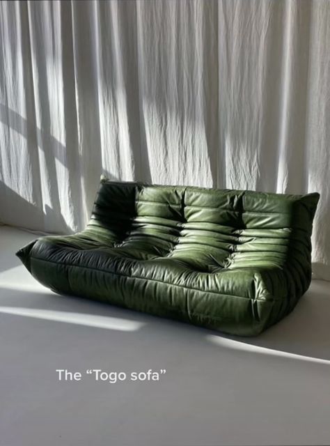 Floor Seating Living Room, Green Leather Sofa, Fabric Aesthetic, Togo Sofa, Interior Design Books, Modern Upholstery, Green Sofa, Vintage Interiors, Contemporary Sofa