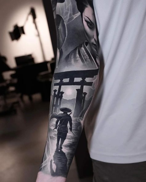 Japanese Tattoo Realism, Japanese Sleeve Tattoos Black And Grey, Japanese House Tattoo, Realistic Japanese Tattoo, Asian Sleeve Tattoo, Japanese Realism Tattoo, Tattoo Sleeve Men Arm, Realism Sleeve, Dragon Tattoo Realistic