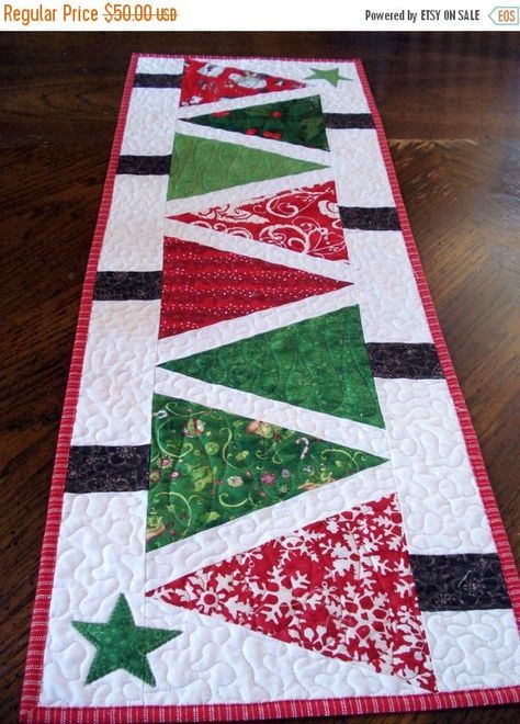 Quilted Table Runner Modern Christmas Trees, narrow runner red and green patchwork, bright and festive runner for your home decor  Made from the book Angles with Ease by Anka's Treasures. Christmas Table Runner Pattern, Quilted Table Runners Christmas, Christmas Quilting Projects, Diy Christmas Table, Christmas Tree Quilt, Patchwork Table Runner, Christmas Patchwork, Christmas Tree On Table, Christmas Sewing Projects