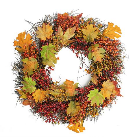 Northlight Autumn Harvest Maple Leaf & Berry Artificial Thanksgiving Wreath - 22" Unlit, Orange Door Wreath Ideas, Designer Doors, Elegant Fall Decor, Magnolia Leaf Wreath, Thanksgiving Floral, Fall Clip Art, Holiday Boutique, Poinsettia Wreath, Artificial Pumpkins