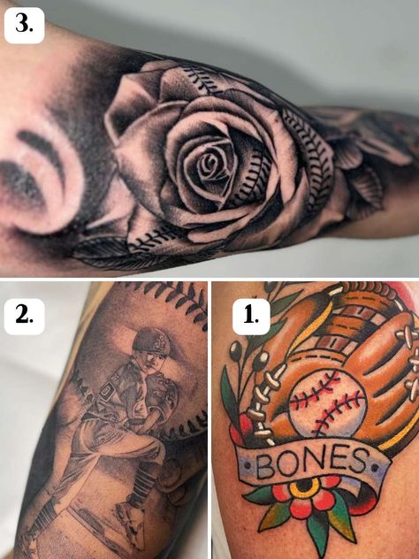 Baseball Tattoo Ideas Worthy of the Hall of Fame - Tattoo Glee Baseball Tattoos For Moms, Cool Baseball Tattoos, Feminine Baseball Tattoos, Baseball Rose Tattoo, Baseball Flower Tattoo, American Traditional Baseball Tattoo, Traditional Baseball Tattoo, Baseball Mom Tattoo Ideas, Baseball Tattoo Ideas For Women