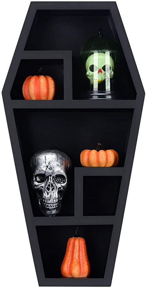 Vampire Decor, Diy Corner Shelf, Haunted Mansion Decor, Coffin Decor, Coffin Shelf, Shelf Inspiration, Gothic Interior, Black Floating Shelves, Spooky Home Decor