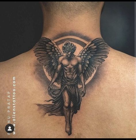 Behind The Neck Tattoos, Back Tattoos For Guys Upper, Upper Shoulder Tattoo, Angel Back Tattoo, Best Small Tattoos, Wing Tattoo Men, Realistic Tattoo Sleeve, Back Piece Tattoo, Tattoos Men