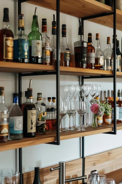 Creative Bar Shelving Ideas for Your Home Open Bar Shelving, How To Style Bar Shelves, Shelves In Bar Area, Bar Shelves Ideas Liquor, Bar Shelving Ideas, Bar Open Shelving, Diy Bar Shelves, Bar Shelves Ideas, Shelves For Bar