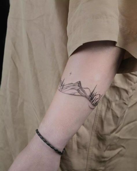 86 Stunning Mountain Tattoos For Both Men and Women In 2024 Forearm Mountain Tattoo, Mountain Tattoo Men, Nature Tattoos For Men, Moutain Tattoos, Mountain Range Tattoo, Mountain Tattoos, Lake Tattoo, Tattoo Session, Wrap Around Tattoo