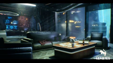 Sci Fi Environment Interiors, Sci Fi Living Room, Sci Fi Apartment, Sci Fi Rooms, Cyberpunk Interior Design, Futuristic Apartment, Cyberpunk Apartment, Cyberpunk Interior, Futuristic Interior Design