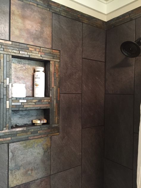 Shower tile. Rustic slate accents with large gray tiles Slate Shower Ideas, Bathroom Slate Tile, Rustic Bathroom Tile Ideas, Slate Tile Bathroom, Smurfs House, Grey Slate Bathroom, Slate Shower Tile, Slate Bathroom Floor, Southwest Bathroom