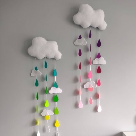 Cloud Wall Art Nursery, Wall Hanging Ideas For School, Rainbow Hanging Decor, Pompom Design, Cloud Wall Decor, Cloud Decor, Cloud Wall Hanging, Cloud Nursery Decor, Infant Room