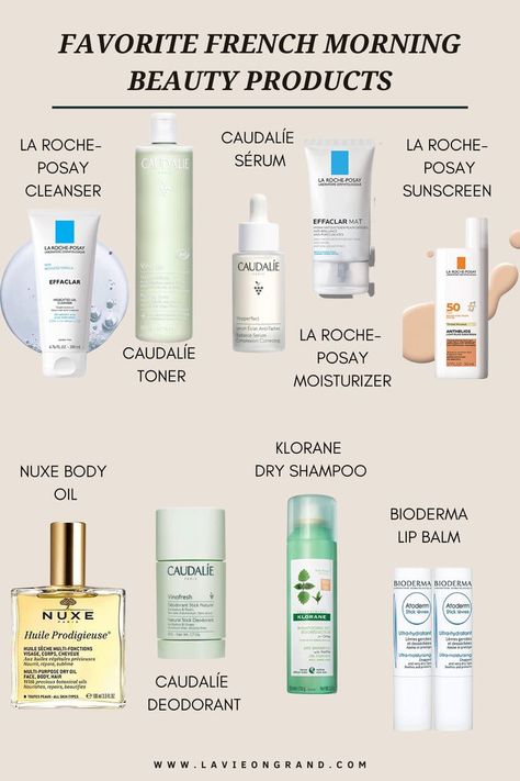 Graphic of different French beauty products. Bioderma Lip Balm, French Beauty Products, Hacks For Girls, French Beauty Secrets, Face Routine, French Skincare, Basic Skin Care Routine, Moisturizing Toner, French Beauty