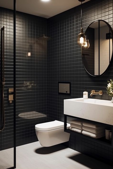 Black Tiles For Bathroom, Black Shower Room Ideas, Ensuite Bathroom Tiles, Small Tiled Bathroom Ideas, Nyc Bathroom Ideas, Dark Ensuite, Bathroom Dark Tiles, Big Tiles Bathroom, Dark Small Bathroom Ideas