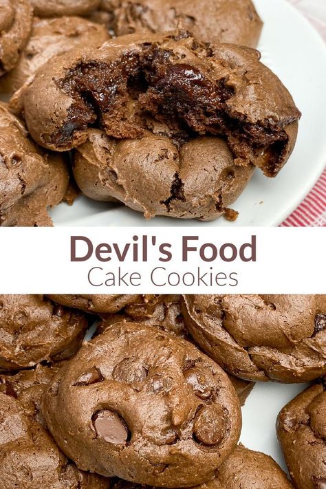 A super easy way to get a chocolate fix make sure to have a cup of milk ready to enjoy with these Devil’s Food Cookies from a box of cake mix. Also know as Quick Cake Mix Cookies this chocolatey recipe only takes a few minutes to mix together. There’s only a few ingredients, so you save so much time on measuring and mixing. Grab any box of cake mix to make these super easy cookies. A bag of chocolate chips mixed with Devil’s food cake mix creates double chocolate perfection. Devils Food Cake Mix Hacks, Chocolate Box Cake Mix Hacks, Super Easy Cookies, Chocolate Cake Mix Recipes, Chocolate Cake Mix Cookies, Christmas Cookie Recipes Holiday, Boxed Cake Mixes Recipes, Devil's Food Cake, Cake Mix Desserts