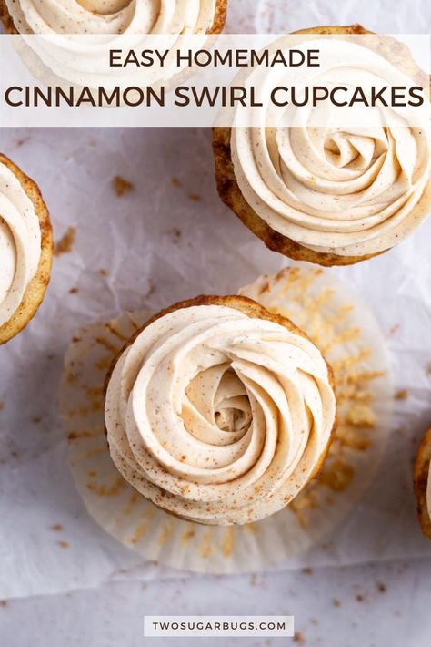 Cinnamon cupcakes are easy homemade vanilla cupcakes swirled with a brown sugar cinnamon roll filling. They are soft and tender, made with simple ingredients and quick to make. A not-too-sweet cinnamon buttercream frosting gives them the perfect finishing touch. Easy Cinnamon Cupcake Recipes, Cinnamon Cupcakes Recipe, Cinnamon Swirl Cupcakes, Chocolate Chip Cupcakes Recipe, Cinnamon Roll Filling, Cinnamon Buttercream Frosting, Homemade Vanilla Cupcakes, Cinnamon Roll Cupcakes, Easy Vanilla Cupcakes