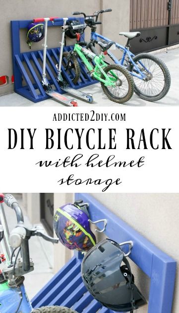 Simple DIY Kid's Bicycle Rack with Helmet Storage - Addicted 2 DIY Kids Bike Storage Garage, Kids Bike Storage, Rack Velo, Diy Bicycle, Diy Bike Rack, Bike Rack Garage, Helmet Storage, Classic Car Garage, Bike Storage Garage