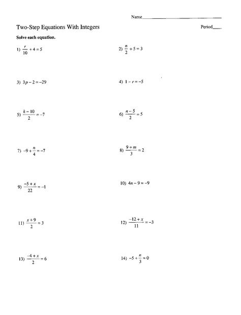 Two-Step Equations Worksheet Basic Algebra Worksheets, Algebra Equations Worksheets, Solving Algebraic Equations, Workbook Layout, Multi Step Equations Worksheets, Equations Worksheets, Pre Algebra Worksheets, Literal Equations, Solving Multi Step Equations