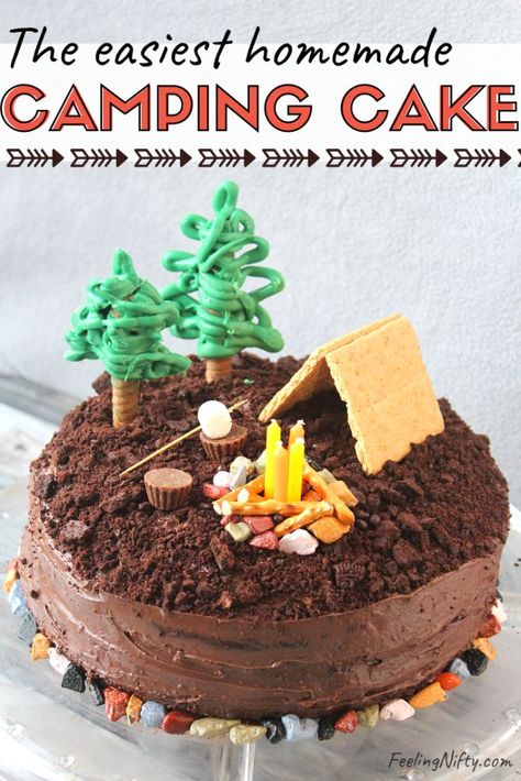 How to make an easy DIY S’mores Camping Cake and ideas. Great for birthday, kids, cub scout, for men, weddings, woodland baby shower cake,  or for any camping /fishing enthusiast. This easy & simple summer camping inspired theme cake includes a candle lit campfires, graham cracker tent topper, and chocolate edible trees, and mini marshmellow s'mores and more rustic decorations! Easy recipe included. #Cakes #camping #campingCake #EasyCakes #DIYCakes #BirthdayCakes #camp #boyscouts #birthdays Boy Scout Cake, Torturi Baby Shower, Cub Scout Cake, Camping Cake, Campfire Cake, Easy Smores, Camping Cakes, Rustic Decorations, Dessert Oreo