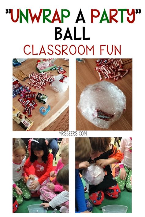 Unwrap a Party Ball Classroom Party FUN!                                                                                                                                                                                 More Classroom Holiday Party Games, Classroom Winter Party, Kindergarten Christmas Party, Classroom Holiday Party, Classroom Christmas Party, Classroom Party Games, Kindergarten Party, School Holiday Party, School Christmas Party